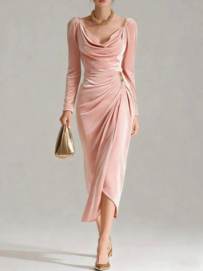 Velvet Cowl Long Sleeve Midi Dress