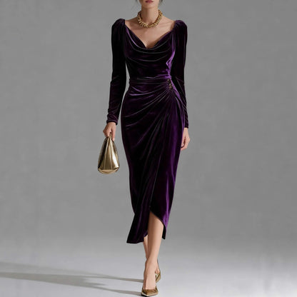 Velvet Cowl Long Sleeve Midi Dress