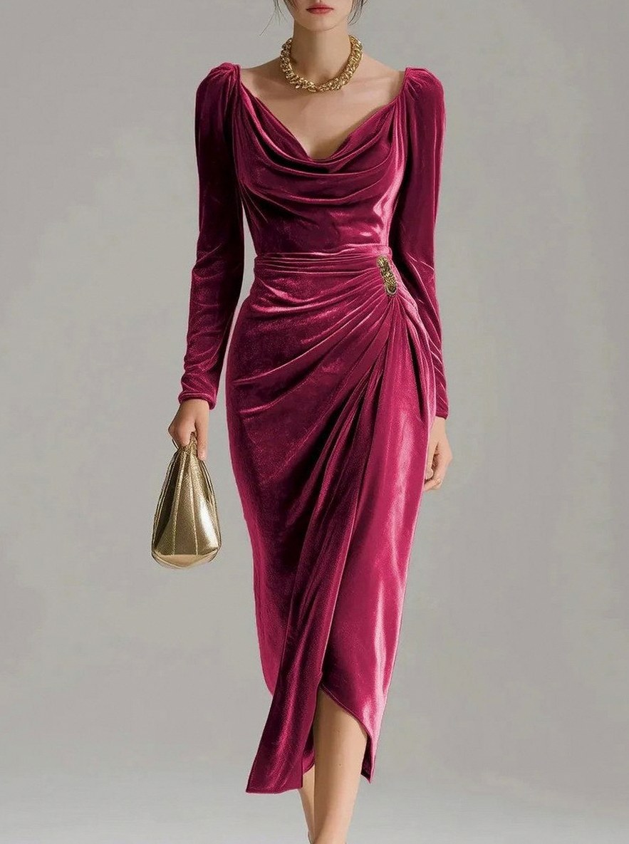 Velvet Cowl Long Sleeve Midi Dress