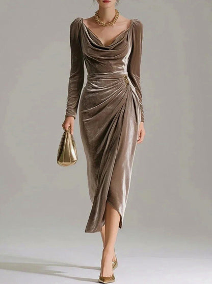 Velvet Cowl Long Sleeve Midi Dress