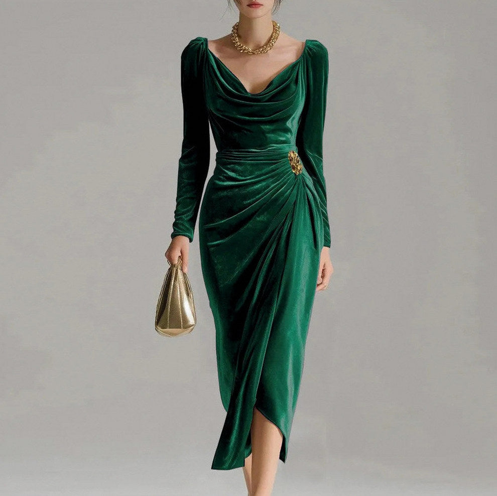 Velvet Cowl Long Sleeve Midi Dress