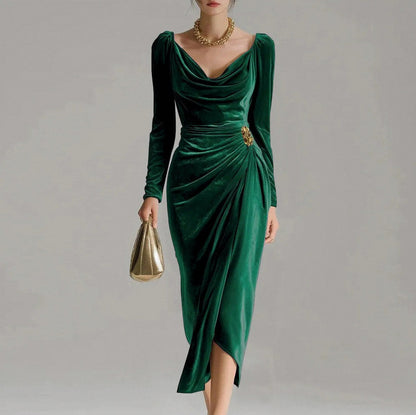 Velvet Cowl Long Sleeve Midi Dress