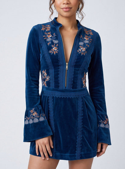 Velvet Embroidered Bell Sleeve Mini Dress