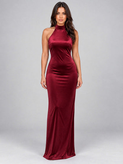 Velvet Halter Column Maxi Dress