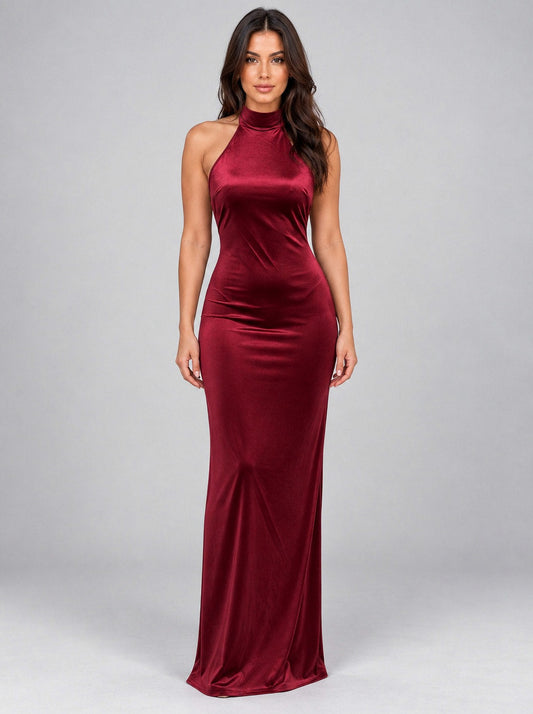 Velvet Halter Column Maxi Dress