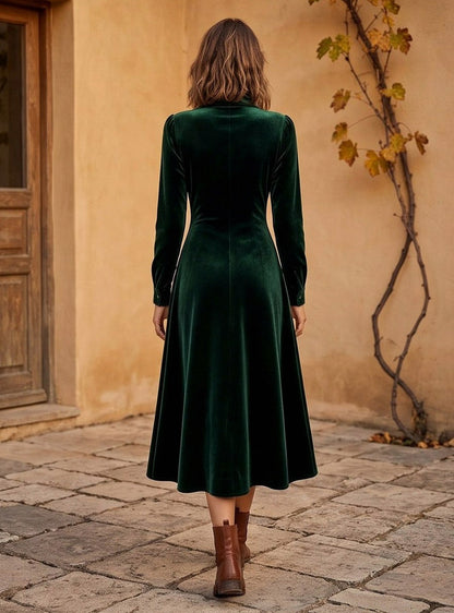 Velvet Long Sleeve Collared Button Front A-Line Midi Dress