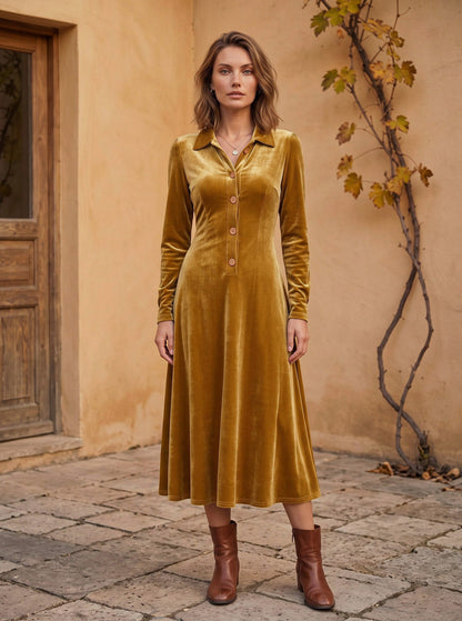 Velvet Long Sleeve Collared Button Front A-Line Midi Dress