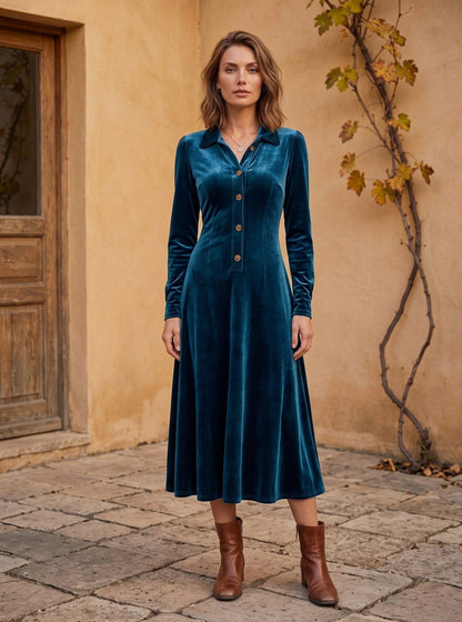 Velvet Long Sleeve Collared Button Front A-Line Midi Dress