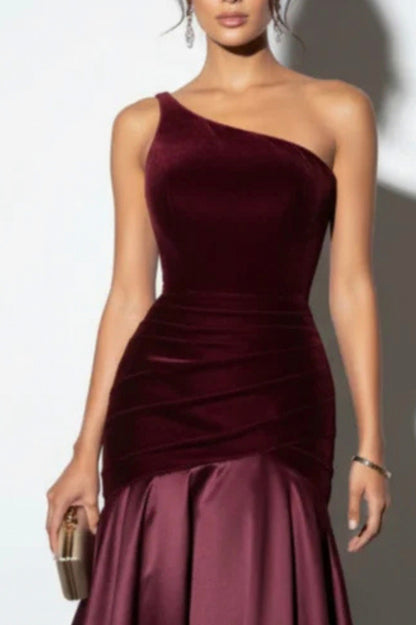 Velvet One Shoulder Drop Waist Maxi Dress