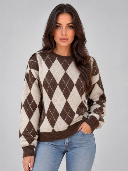 Women’s Argyle Knit Jumper – Crew Neck Long Sleeve Diamond Pattern