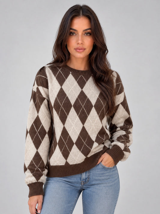 Women’s Argyle Knit Jumper – Crew Neck Long Sleeve Diamond Pattern