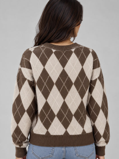 Women’s Argyle Knit Jumper – Crew Neck Long Sleeve Diamond Pattern