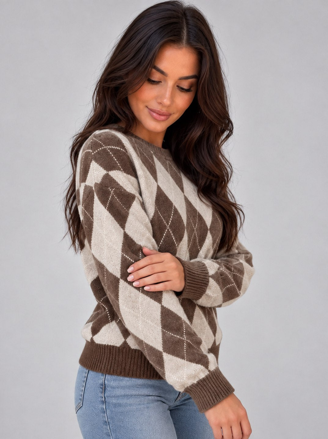 Women’s Argyle Knit Jumper – Crew Neck Long Sleeve Diamond Pattern