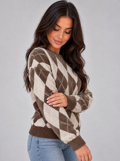 Women’s Argyle Knit Jumper – Crew Neck Long Sleeve Diamond Pattern