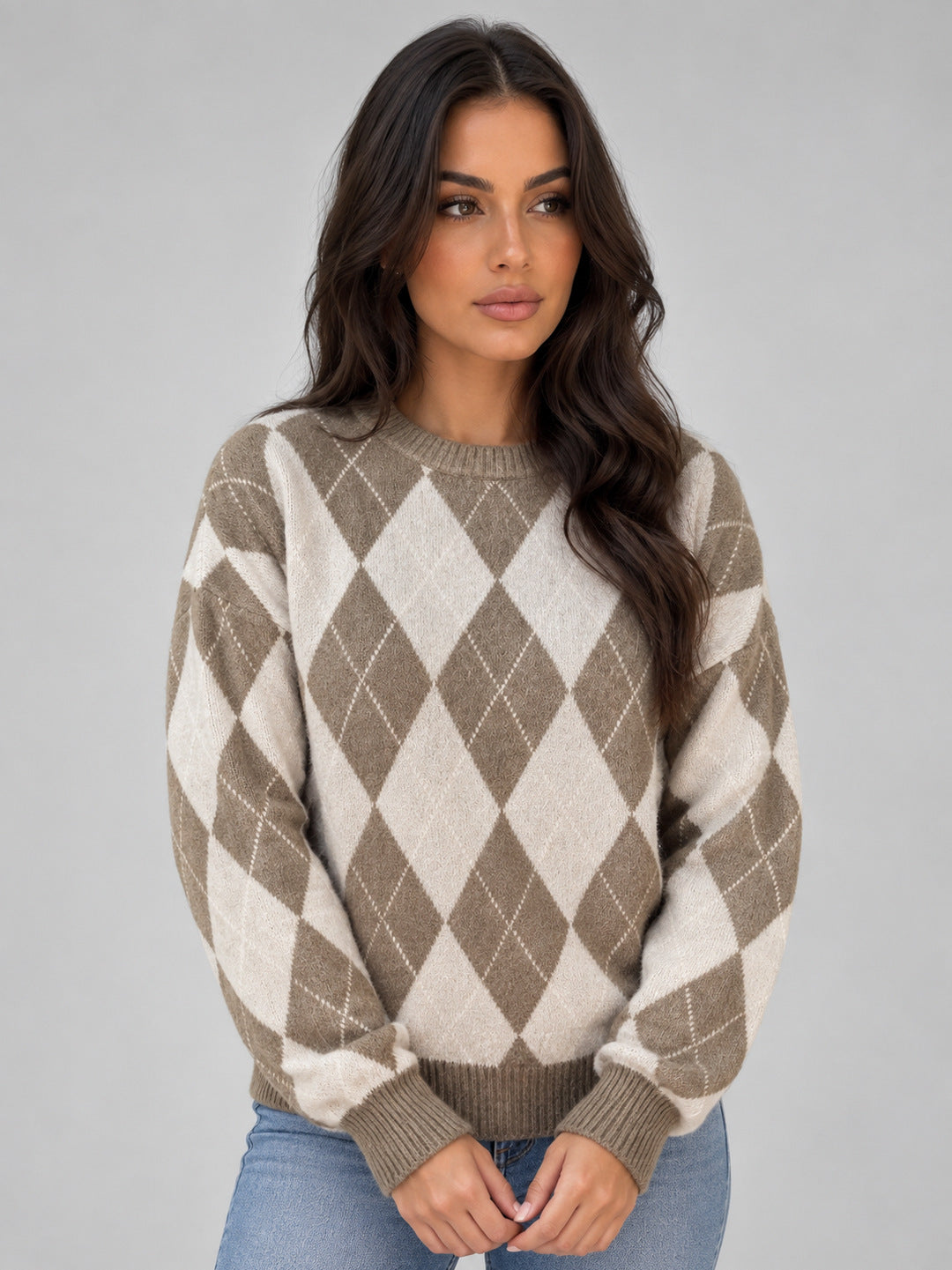 Women’s Argyle Knit Jumper – Crew Neck Long Sleeve Diamond Pattern