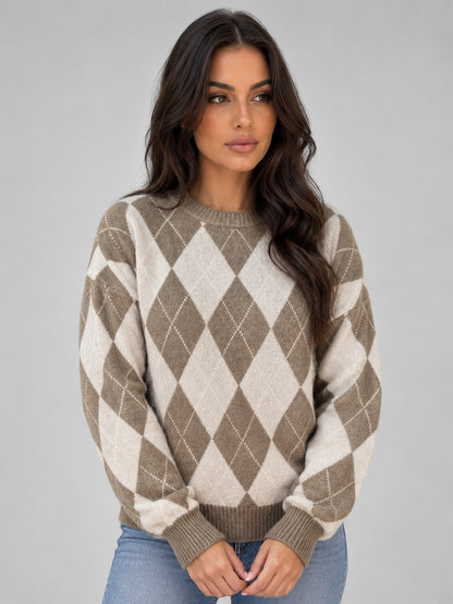 Women’s Argyle Knit Jumper – Crew Neck Long Sleeve Diamond Pattern