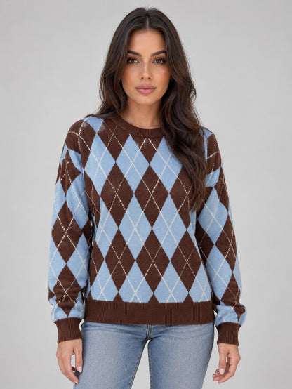 Women’s Argyle Knit Jumper – Crew Neck Long Sleeve Diamond Pattern