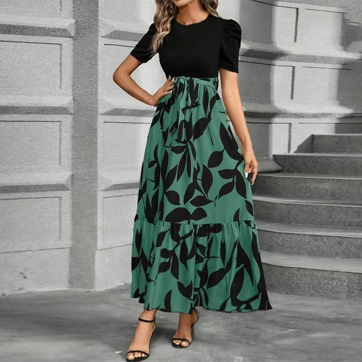 Women’s Maxi Dress Short Sleeve with Tie Waist