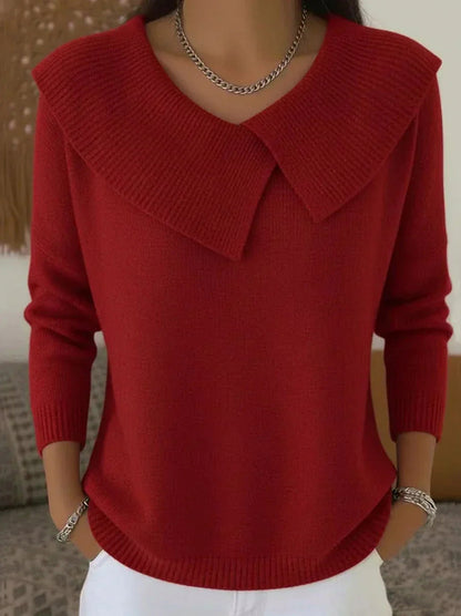 Women's Knit Sweater – Ribbed Collar V-Neck Long Sleeve