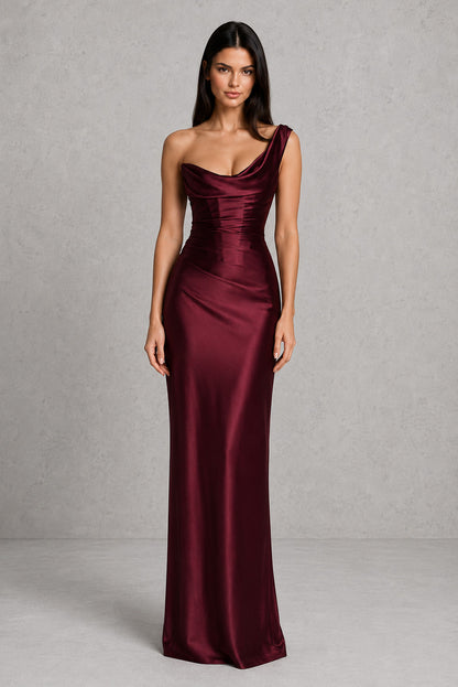Women’s One-Shoulder Satin Maxi Dress with Corset Detail
