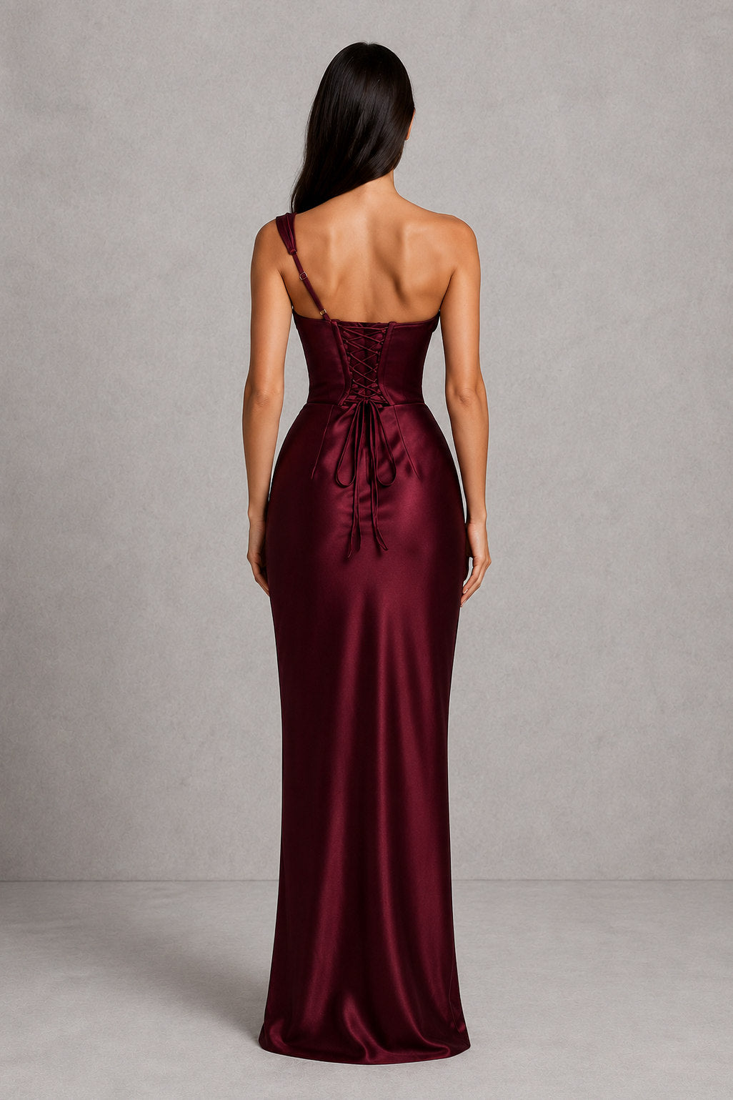 Women’s One-Shoulder Satin Maxi Dress with Corset Detail