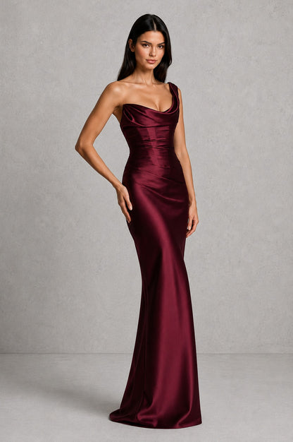 Women’s One-Shoulder Satin Maxi Dress with Corset Detail