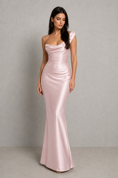 Women’s One-Shoulder Satin Maxi Dress with Corset Detail