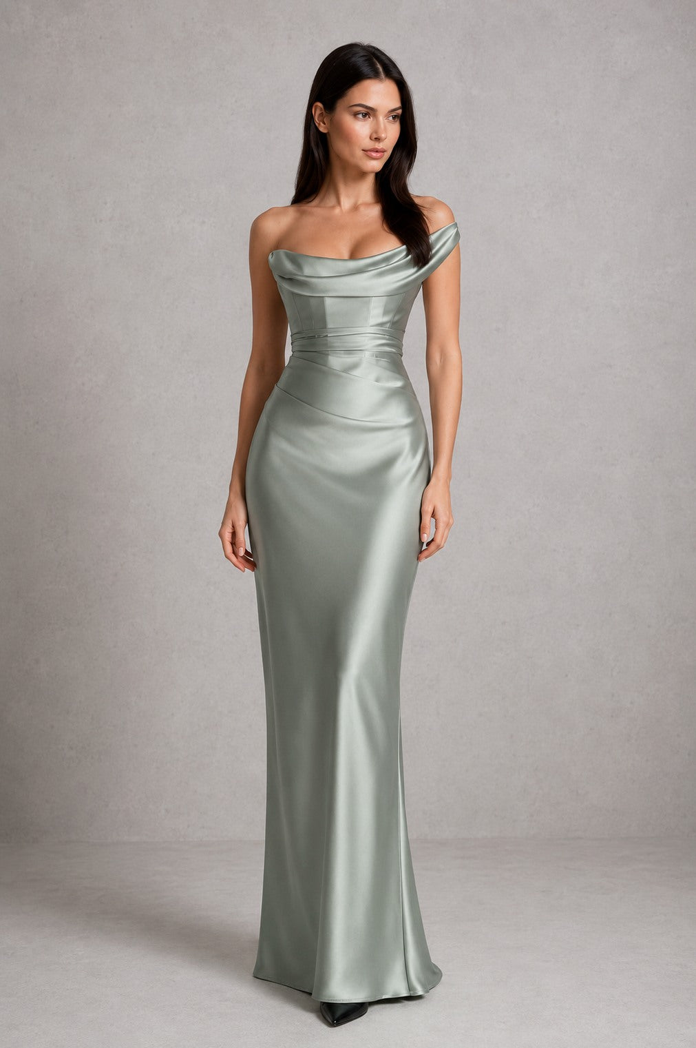 Women’s One-Shoulder Satin Maxi Dress with Corset Detail
