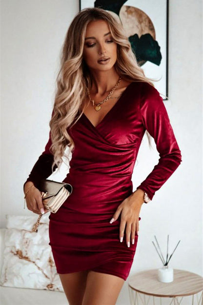 Women's Ruched Wrap Bodycon Mini Dress with Long Sleeves