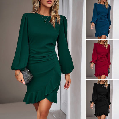 Women's Ruffle Wrap Dress with Puff Sleeves and Gathered Waist