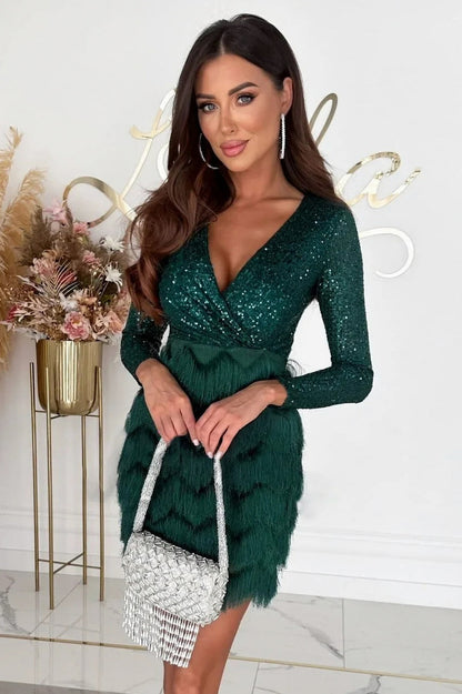 Women's Sequin Feather Mini Dress with Long Sleeves