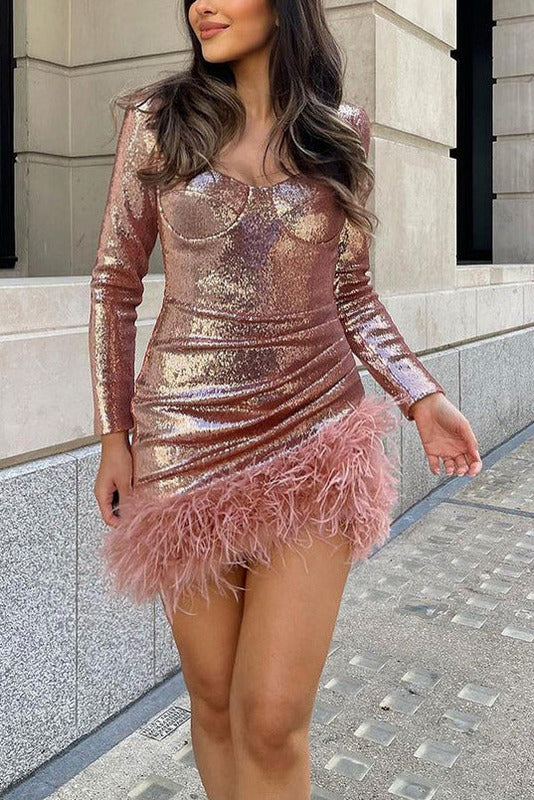 Women's Sequin Feather-Trim Bodycon Mini Dress Long Sleeve