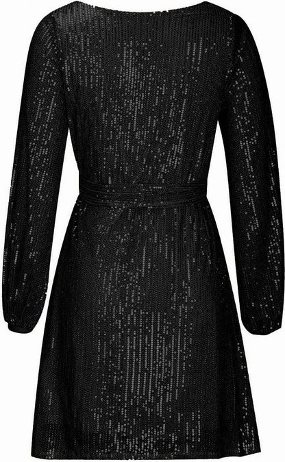 Women's Sequin Mini Dress with Asymmetric Hem and Draped Sleeves