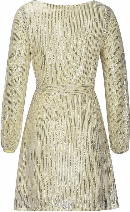 Women's Sequin Mini Dress with Asymmetric Hem and Draped Sleeves