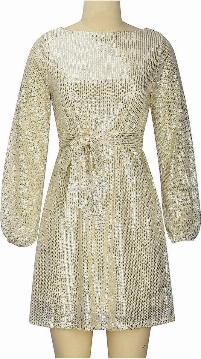 Women's Sequin Mini Dress with Asymmetric Hem and Draped Sleeves
