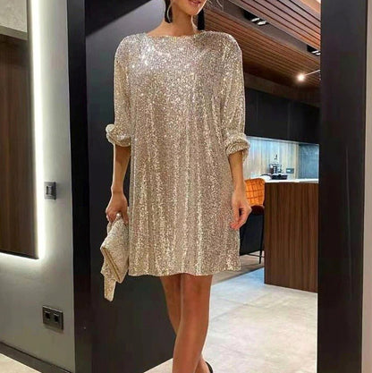 Women's Sequin Mini Dress with Asymmetric Hem and Draped Sleeves