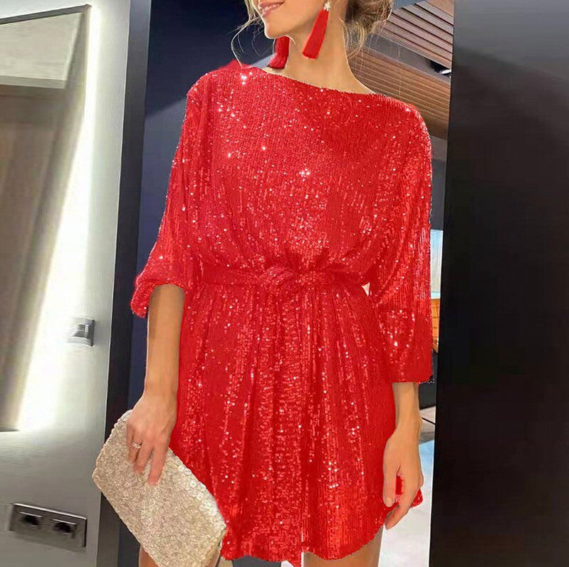 Women's Sequin Mini Dress with Asymmetric Hem and Draped Sleeves