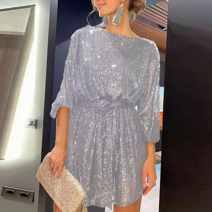 Women's Sequin Mini Dress with Asymmetric Hem and Draped Sleeves
