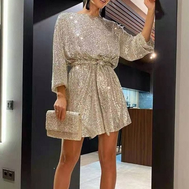 Women's Sequin Mini Dress with Asymmetric Hem and Draped Sleeves