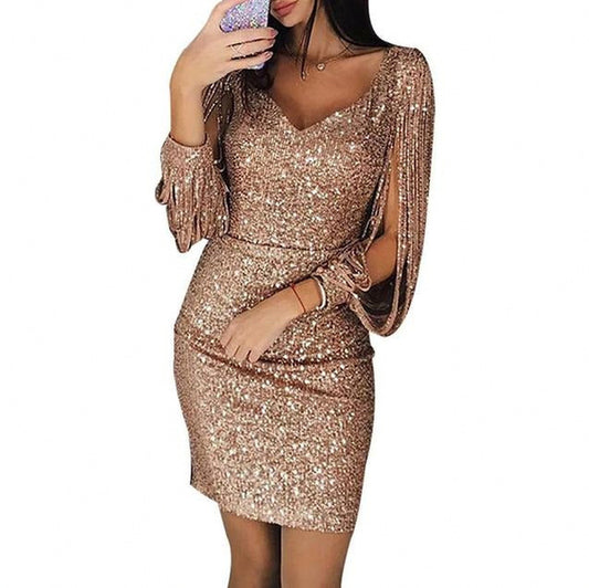 Women's Sequin Mini Dress with V-Neck and Tassel Sleeves