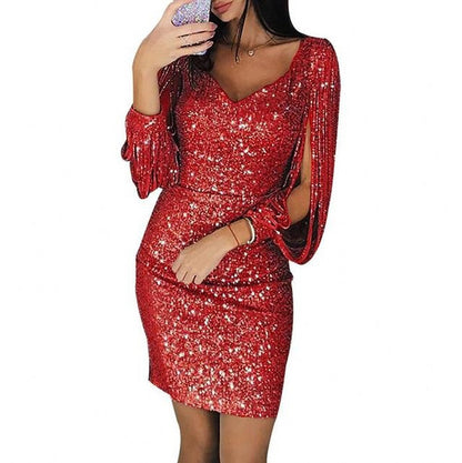Women's Sequin Mini Dress with V-Neck and Tassel Sleeves