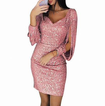 Women's Sequin Mini Dress with V-Neck and Tassel Sleeves