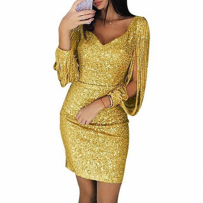 Women's Sequin Mini Dress with V-Neck and Tassel Sleeves