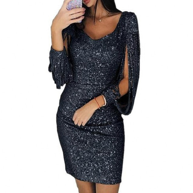 Women's Sequin Mini Dress with V-Neck and Tassel Sleeves