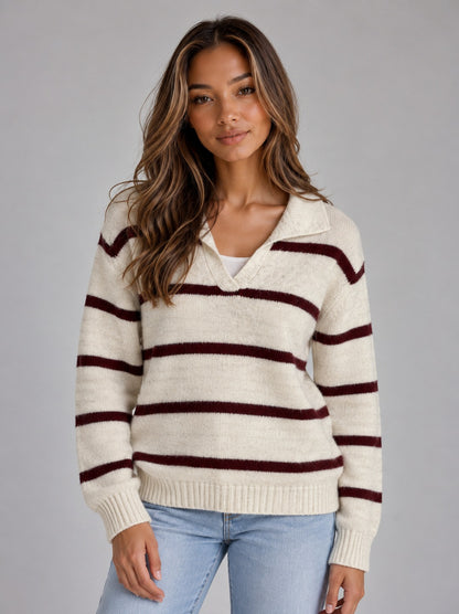 Women’s Wool Striped Jumper – Collared V-Neck Long Sleeve Knit Sweater