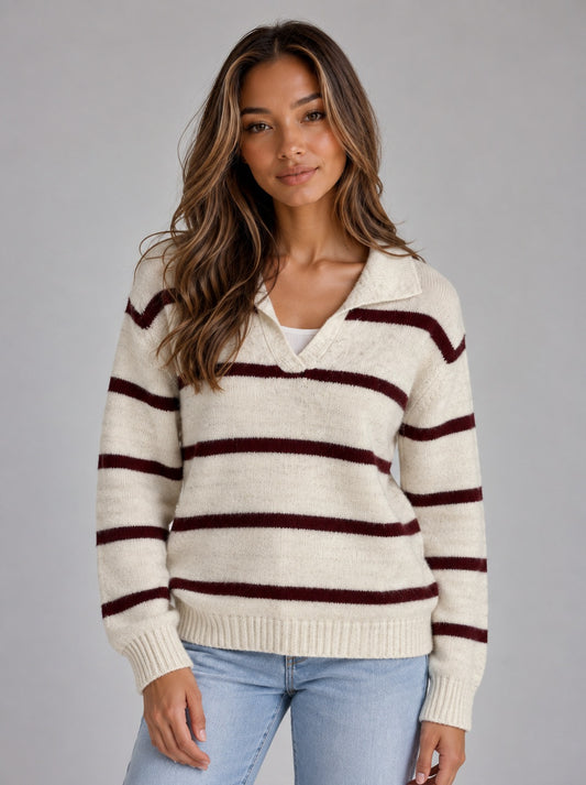 Women’s Wool Striped Jumper – Collared V-Neck Long Sleeve Knit Sweater