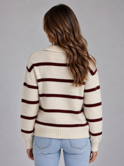 Women’s Wool Striped Jumper – Collared V-Neck Long Sleeve Knit Sweater