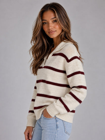 Women’s Wool Striped Jumper – Collared V-Neck Long Sleeve Knit Sweater