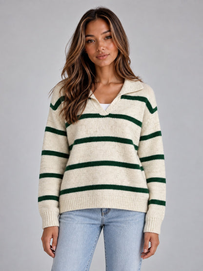 Women’s Wool Striped Jumper – Collared V-Neck Long Sleeve Knit Sweater