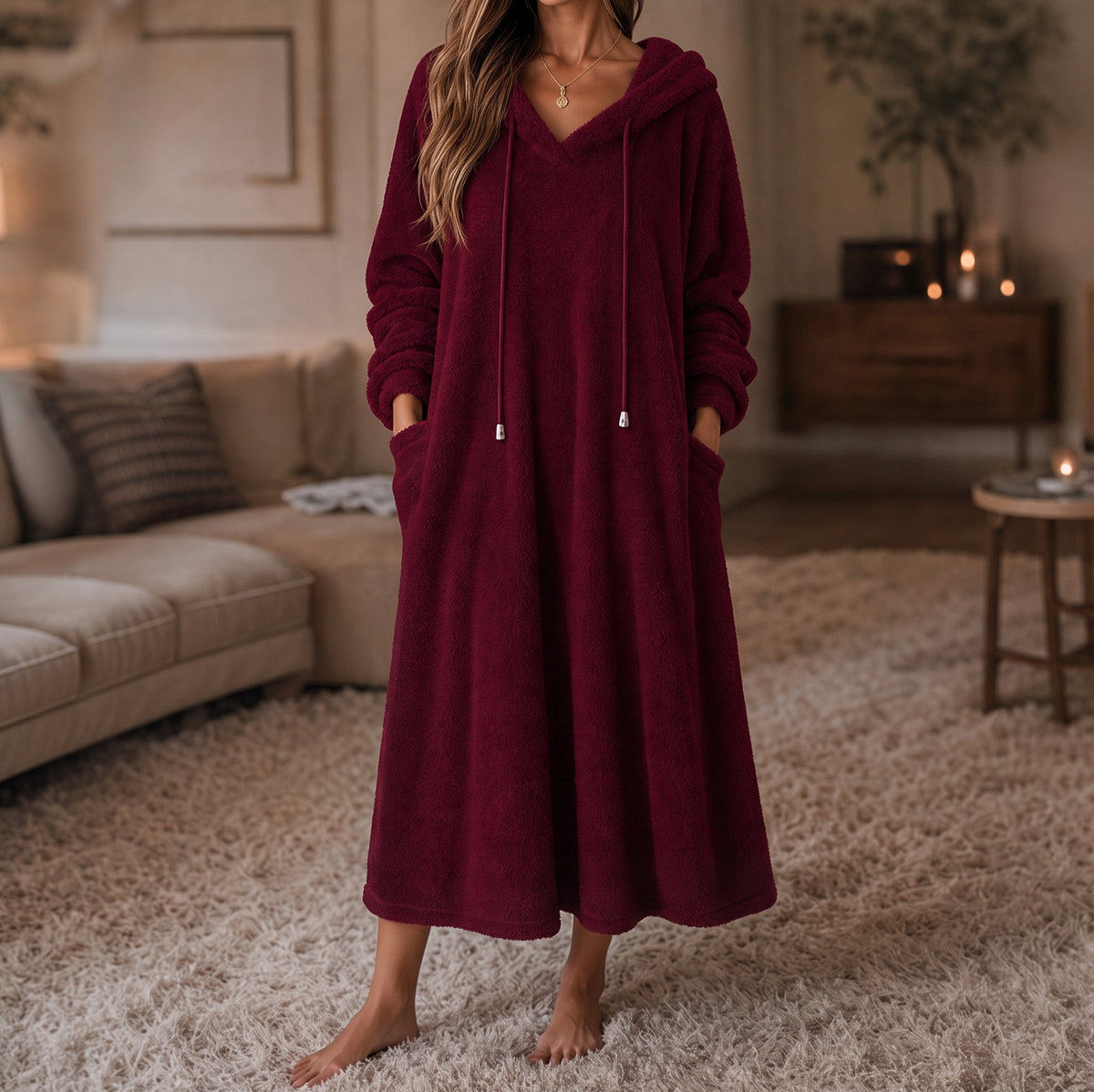 Hooded Plush A-Line Maxi Lounge Dress